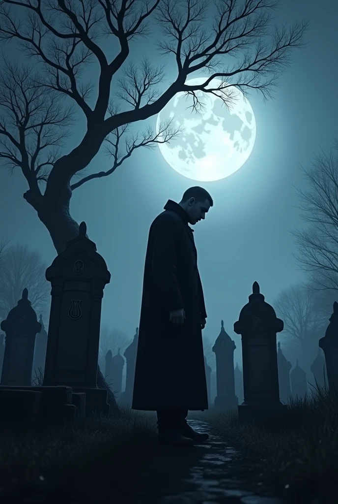 A poignant scene of the legendary Georgian poet Galaktion Tabidze, known as the "Grave Man," standing solemnly before his own tombstone. His figure is cast in stark silhouette by the soft, ethereal glow of a full moon that looms large and low in the night sky, its luminescence painting the landscape in a monochromatic palette of blues and whites. The moon's silver light bathes the cemetery in an almost otherworldly ambiance, as if the veil between life and death has grown thin. Galaktion's face is a picture of profound sadness, his eyes downcast, lost in introspection or perhaps mourning the loss of his own vitality. The tombstone is simple yet elegant, adorned with an intricate carving of a lyre, symbolizing his deep connection to poetry. The surrounding gravestones lean slightly, as if whispering the secrets of the ages to the earth beneath them. The atmosphere is one of quiet contemplation, with the long shadows stretching out like fingers of melancholy reaching for the living. A solitary tree, its branches contorted into a web of gothic arches, stands sentinel in the background, a silent witness to the passage of time. The stark contrast between the starkness of the scene and the poignant beauty of the moonlit cemetery evokes a sense of timelessness, as if the very essence of Galaktion's sorrow has been etched into the fabric of the night itself. Georgian man
