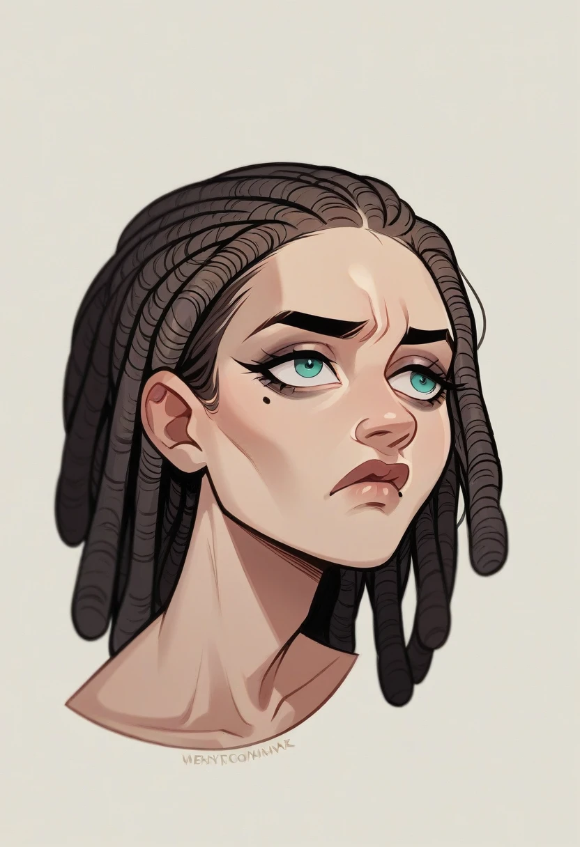 Susanna Majuri style drawing, book illustration, pencil sketch, portrait of a sad bored young adult woman, Russian appearance, light green close-set aqua eyes, brown dreadlocks, large elongated face, wide chin, cheek bulge, short nose with a wide tip, thin lips, long eyelashes, dramatic dark makeup, wide frown raised eyebrows, mole under lips, textured skin, high resolution, best quality, HD, depth of field, masterpiece, award winning, accurate, anatomically correct, elaborate high details