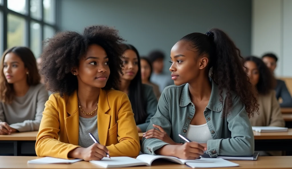 Two 20-year old sexy busty Nigerian female university students, sitting in a lecture room with their writing materials.