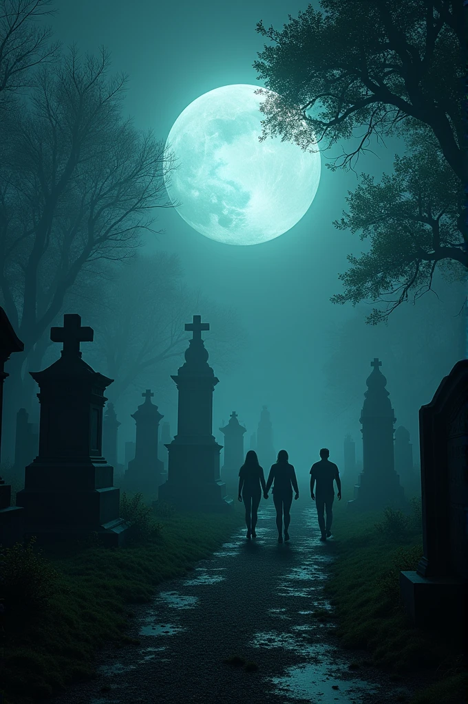 exterior. Abandoned cemetery on a dark and foggy night. The full moon illuminates the moss-covered tombstones. Three friends, jack, Sarah and Mark, They enter in silence, Searching for the grave of a famous criminal who was secretly buried there.