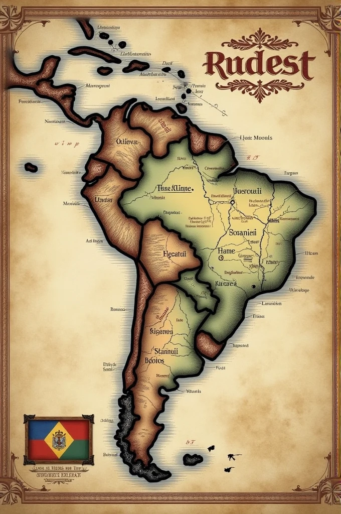 Generate an old map of South America marking the Peru-Bolivian Confederation with the Bolivian flag and name it the Bolivian Empire