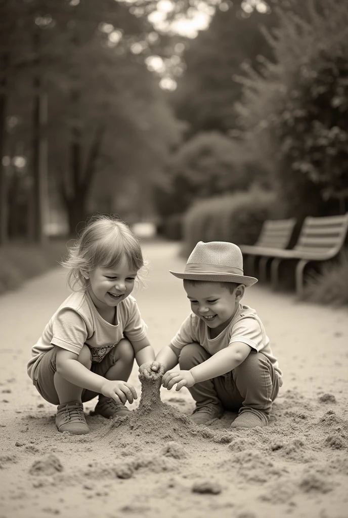 two kids (Girl and boy) playing in the sand in a park in england the image that is old in black and white