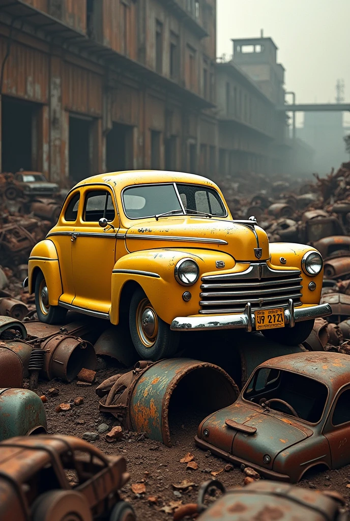 old yellow 1947 ford deluxe coupe on top of a pile of scrap metal at a junkyard