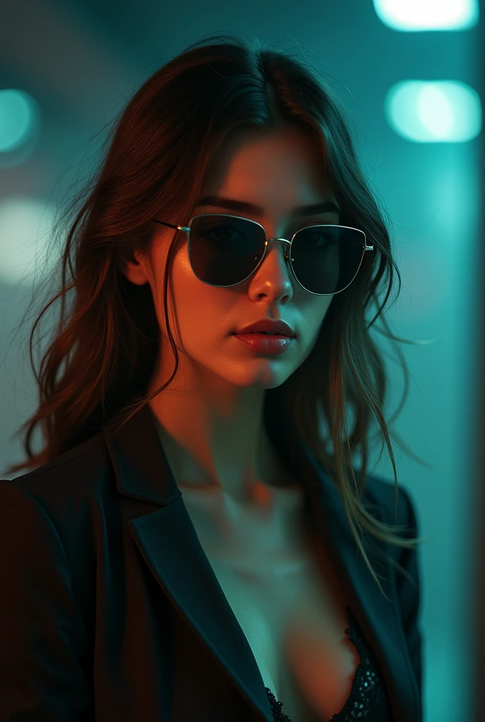 Cinematic, full-body photograph of a beautiful girl, adorned in sunglasses. With filmic color grading and dramatic lighting, the image encapsulates her strong persona and creates a narrative akin to a cinematic masterpiece.