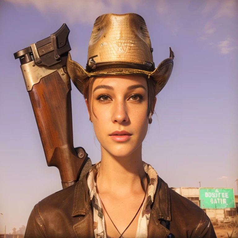 Stock image of a man with a hat and a gun, New Vegas style, post - apocalyptic cowgirl, post - apocalyptic cowboy, sheriff woman, in the nuclear wasteland, portrait of a female ranger, Fallout New Vegas, female main character, Robust male ranger, male character, female character, farmer, female cowgirl, Detailed Fallout NPC! Angle elevation
