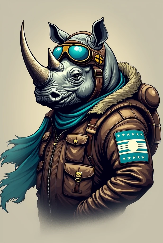 Create a military emblem of a rhinoceros dressed as an aviator and its name is rhino -01 that on the shoulders has a patch with a 3-stripe flag, The top and bottom stripe is turquoise blue and the middle stripe is white with 5 blue stars in the center.