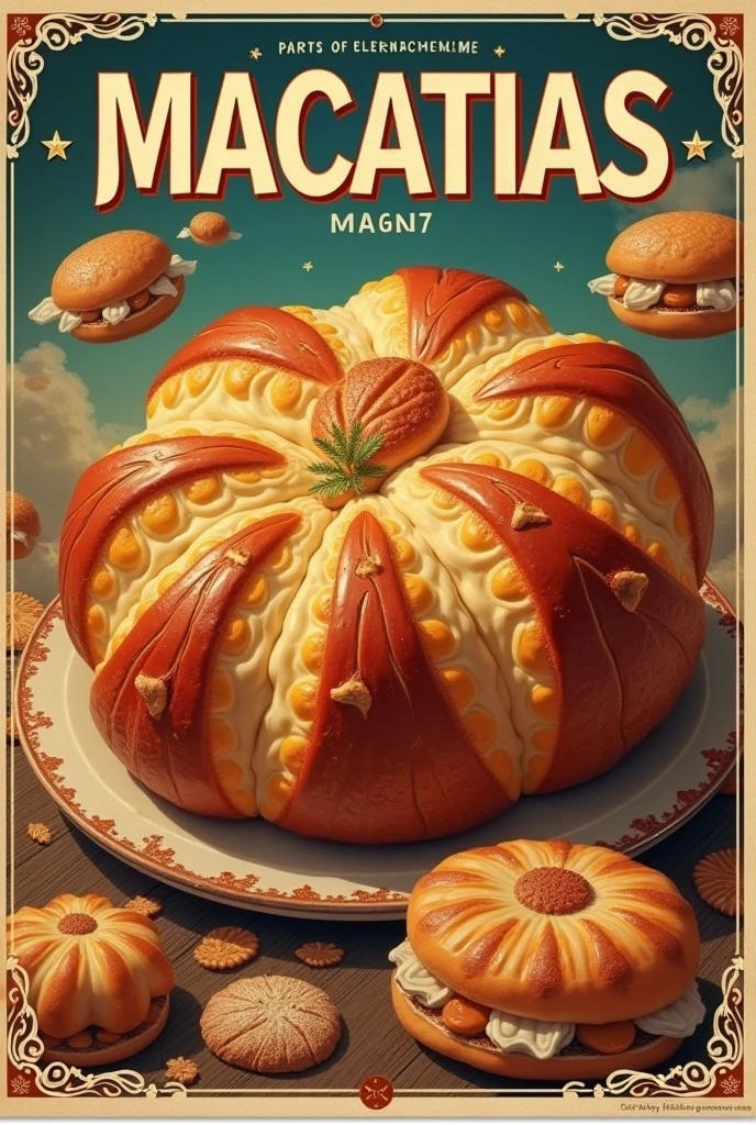 Affiche publicitaire rétro. Magnifique Macatias. Viennoiseries Réunionnaise. Plusieurs grosses boules de pain nature bien ronde taillé en croix sur le dessus. Multicolore. Détails surréalistes. Beaucoup de détails autour. (Titré : Macatias)