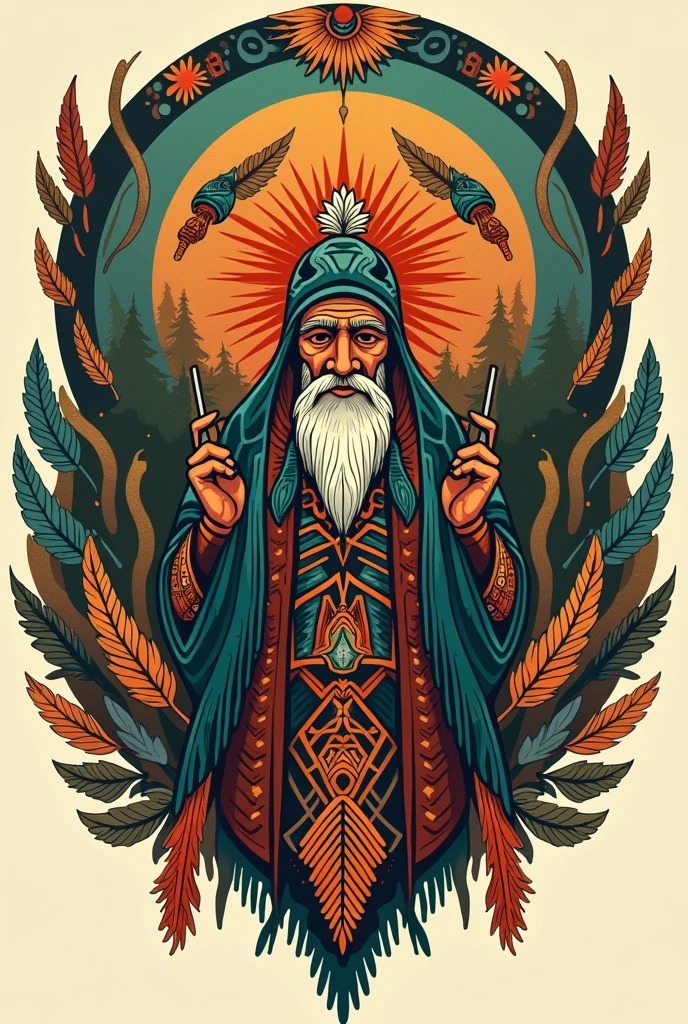 Design an image for a traditional indigenous festival logo with the theme "the feelings of our dead and the knowledge of our elders". The image should reflect respect and cultural connection with ancestors and the wisdom of the elders..  
Includes representative cultural elements, as [specific indigenous symbols, figures of ancestors or spirits, traditional patterns]. For example, you can use [sacred feathers, sacred trees, icons of wisdom].
Use an earth color palette that includes [ochres, Deep greens, brown]. Colors should evoke a sense of spiritual and cultural connection.