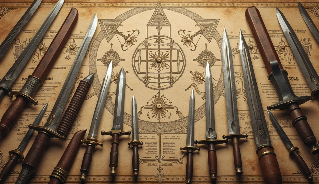 An image depicting medieval weapons such as English longbows and swords, placed alongside a detailed plan or diagram of military formations. The image highlights how warfare drove innovations in technology and strategy, with the weapons displayed prominently and the formations illustrated clearly. The style is inspired by Edmund Blair Leighton, featuring intricate details, historical accuracy, and a focus on the tactical aspects of medieval warfare., Surrealism, Hyperrealism, UHD, retina, masterpiece, accurate, anatomically correct, textured skin, super detail, high quality, award winning, 16k