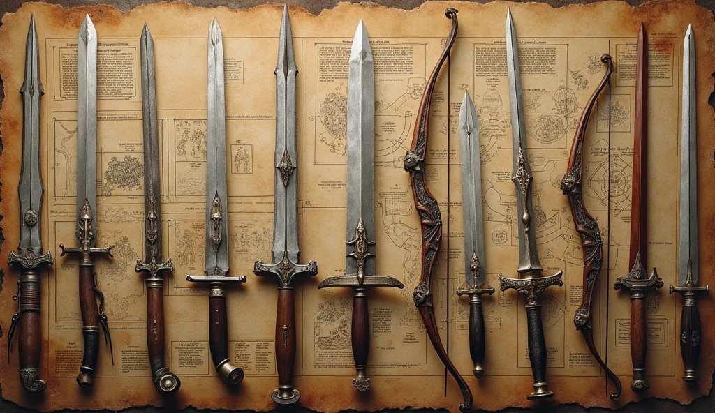 An image depicting medieval weapons such as English longbows and swords, placed alongside a detailed plan or diagram of military formations. The image highlights how warfare drove innovations in technology and strategy, with the weapons displayed prominently and the formations illustrated clearly. The style is inspired by Edmund Blair Leighton, featuring intricate details, historical accuracy, and a focus on the tactical aspects of medieval warfare., Surrealism, Hyperrealism, UHD, retina, masterpiece, accurate, anatomically correct, textured skin, super detail, high quality, award winning, 16k
