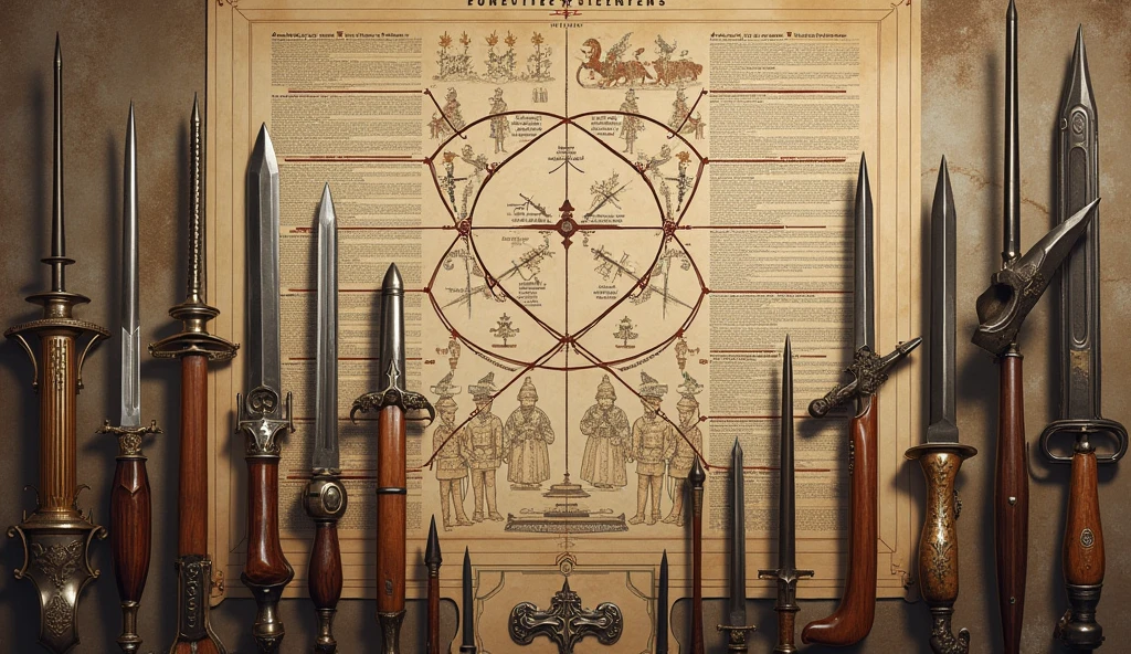 An image depicting medieval weapons such as English longbows and swords, placed alongside a detailed plan or diagram of military formations. The image highlights how warfare drove innovations in technology and strategy, with the weapons displayed prominently and the formations illustrated clearly. The style is inspired by Edmund Blair Leighton, featuring intricate details, historical accuracy, and a focus on the tactical aspects of medieval warfare., Surrealism, Hyperrealism, UHD, retina, masterpiece, accurate, anatomically correct, textured skin, super detail, high quality, award winning, 16k
