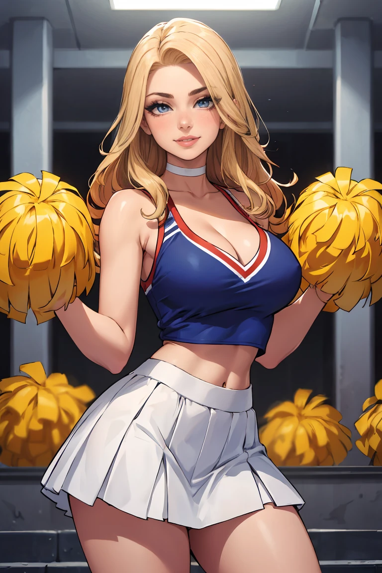 best quality, ultra high res, 1girl, mature woman, blonde long flowing hair, wearing a cheerleader outfit, white cheerleading crop top, white cheerleading skirt, white cheerleading choker, 1girl, beautiful, masterpiece, best quality, extremely detailed face, perfect lighting, 1girl, solo, best quality, ultra high res, ultra detailed,, masterpiece, best quality, cleavage, seductive smile, mature woman, perfect eyes, perfect face, perfect chin, heavy makeup (eyes, eyebrows, lips), perfect hands, seductive pose