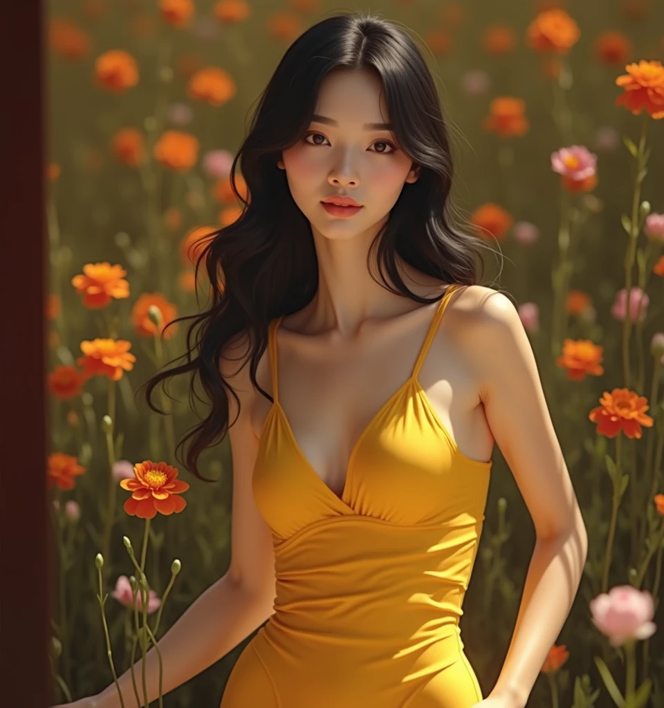 asian woman with long black hair in lingerie, detailed face and eyes, beautiful long hair, delicate features, standing in a field of flowers, natural sunlight, intricate details, highly detailed, photorealistic, 8k, masterpiece, (best quality,4k,8k,highres,masterpiece:1.2),ultra-detailed,(realistic,photorealistic,photo-realistic:1.37),intricate details,beautiful scenery,vivid colors,natural light,detailed background