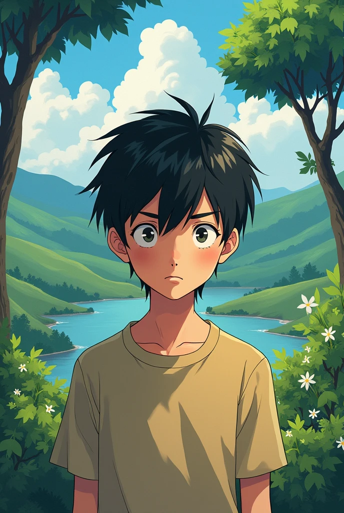 Create the image of an average black haired boy in the style of Studio Ghibli anime , make him a little older, LET HIM BE A AGER