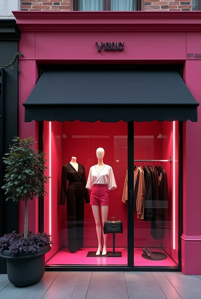 grande boutique de vêtement de luxe , devanture rose et noir, thème années 2000, vitrine y2k top court saxe luxe