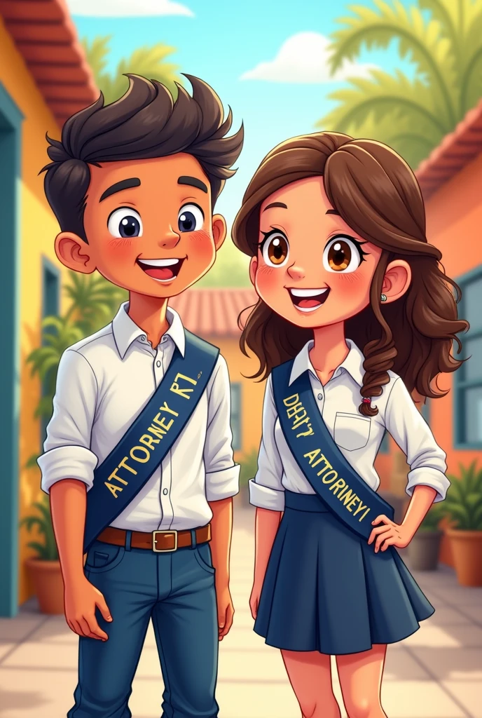 A student boy in navy blue pants and a white on-down shirt, a crossed band that says attorney for a day in Spanish, and a girl in a navy blue skirt and white buttown shirt with a cross-over band that says Deputy Attorney I, happy in cartoon style drawing form