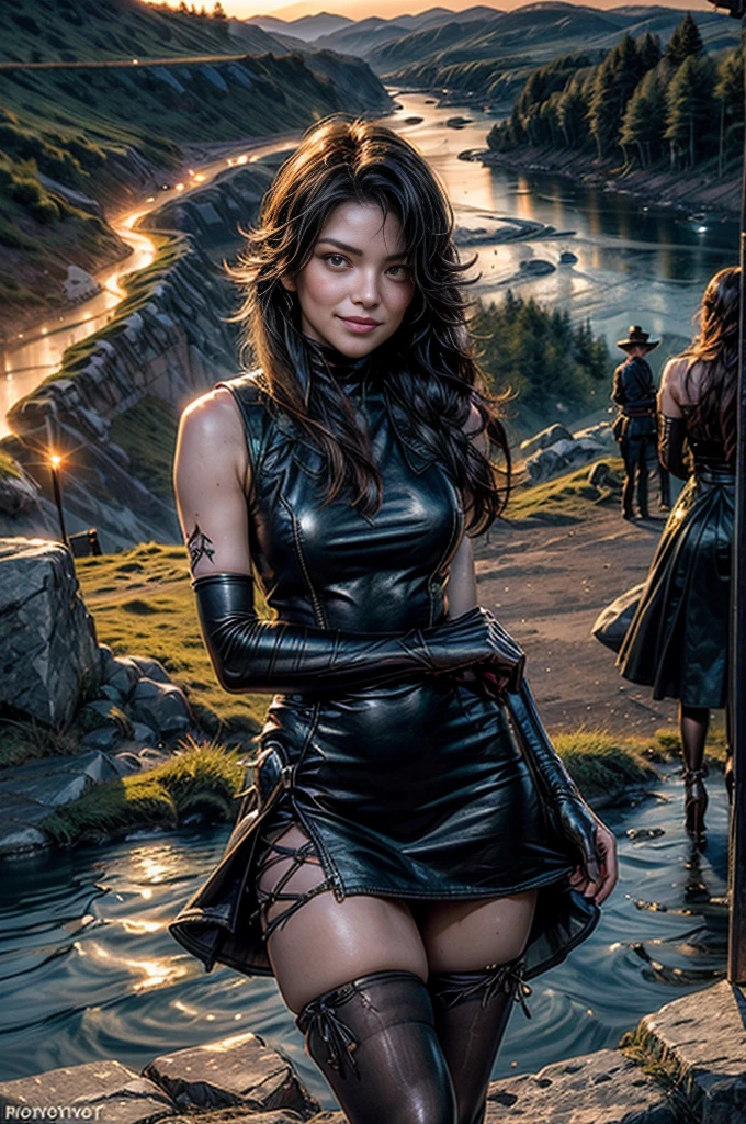 (masterpiece, best quality:1.2), cowboy shot, solo, 1girl, cinder fall, evil smile, looking at viewer, long hair, black dress, sleeveless jacket, elbow gloves, pantyhose, outdoors, standing at wedding reception, on mountainside, overlooking valley, river, flame in hand, spectators, crowd (volumetric lighting), sharp focus, hyper detailed