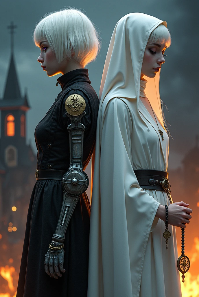 Two albino girls from the Middle Ages standing back to back with violet eyes and white hair, with the one on the left with short hair in dark alchemist clothes and with the left arm with a steampunk prosthesis with the baphomet symbol, and the one on the right in white nun&#39;s clothes holding a rosary with her eyes closed, with a church burning behind, the night.