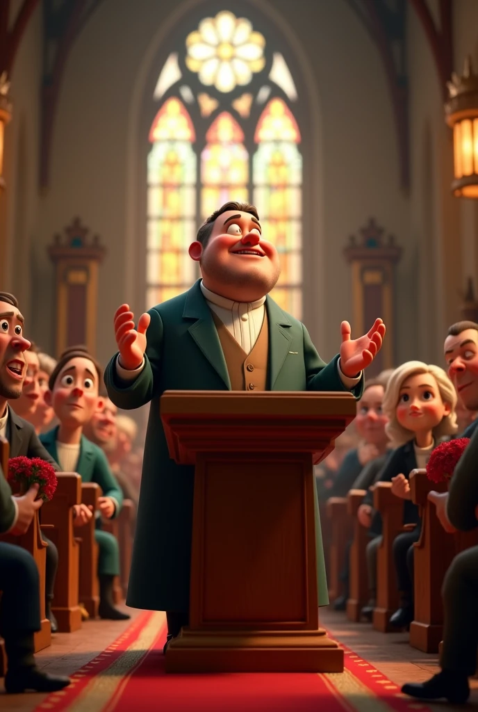 Create an image of Charles H. Pixar-style Spurgeon preaching in a church in England