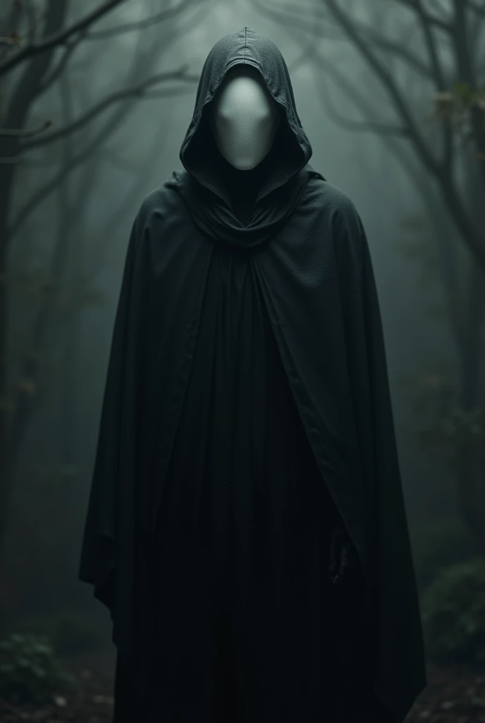 A hooded man in dark clothing wearing a white mask.