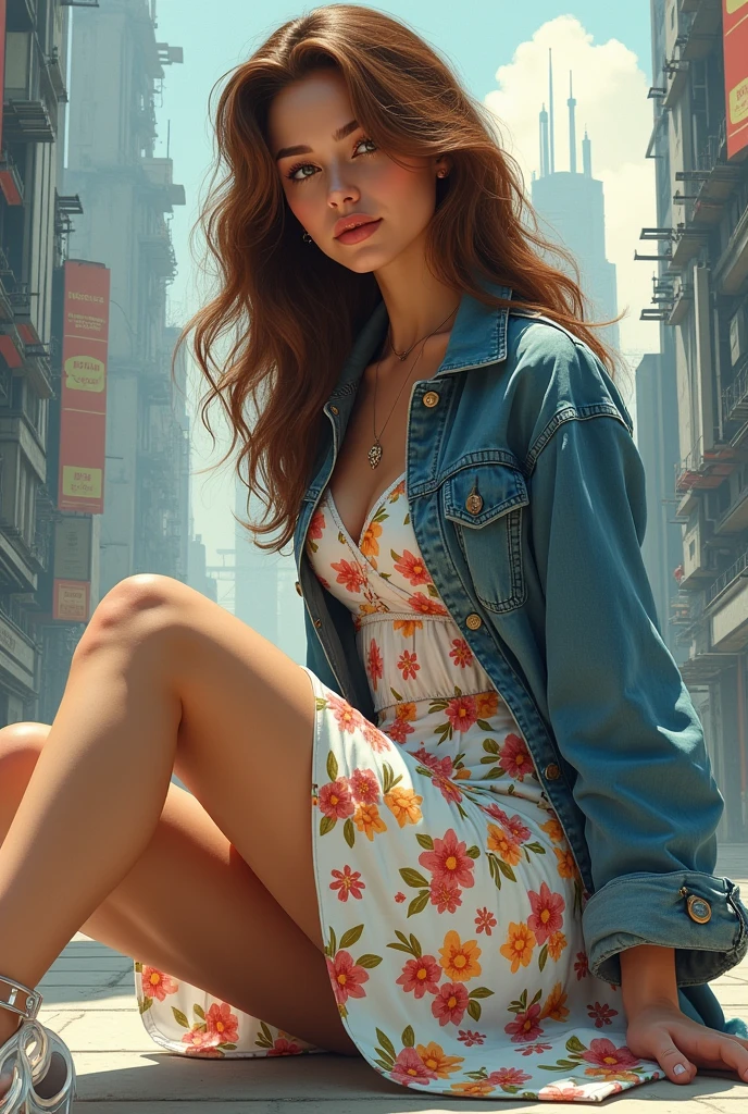 A detailed acrylic art style of beautiful AMERICAN woman with brown hair, little smile, wearing 80´s flowered white dress, denin jacket, beige tights, perspex half platform high heels shoes, sitting on the floor, futuristic city scenario