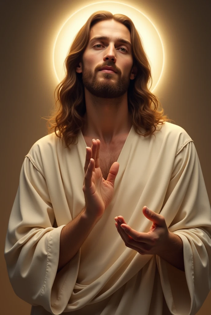 “Image of Jesus Christ depicted from the waist up. He is wearing a simple robe with a visible neckline. His serene and compassionate expression is the focal point, with his long, wavy hair gently framing his face. A soft halo of light surrounds his head, and his hands rest gently in front of him, one hand slightly raised as if in blessing. The background is soft and minimal, allowing the warmth and gentle light that surrounds him to emphasize the peaceful aura of the scene.”