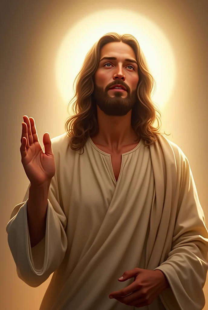 “Image of Jesus Christ depicted from the waist up. He is wearing a simple robe with a visible neckline. His serene and compassionate expression is the focal point, with his long, wavy hair gently framing his face. A soft halo of light surrounds his head, and his hands rest gently in front of him, one hand slightly raised as if in blessing. The background is soft and minimal, allowing the warmth and gentle light that surrounds him to emphasize the peaceful aura of the scene.”