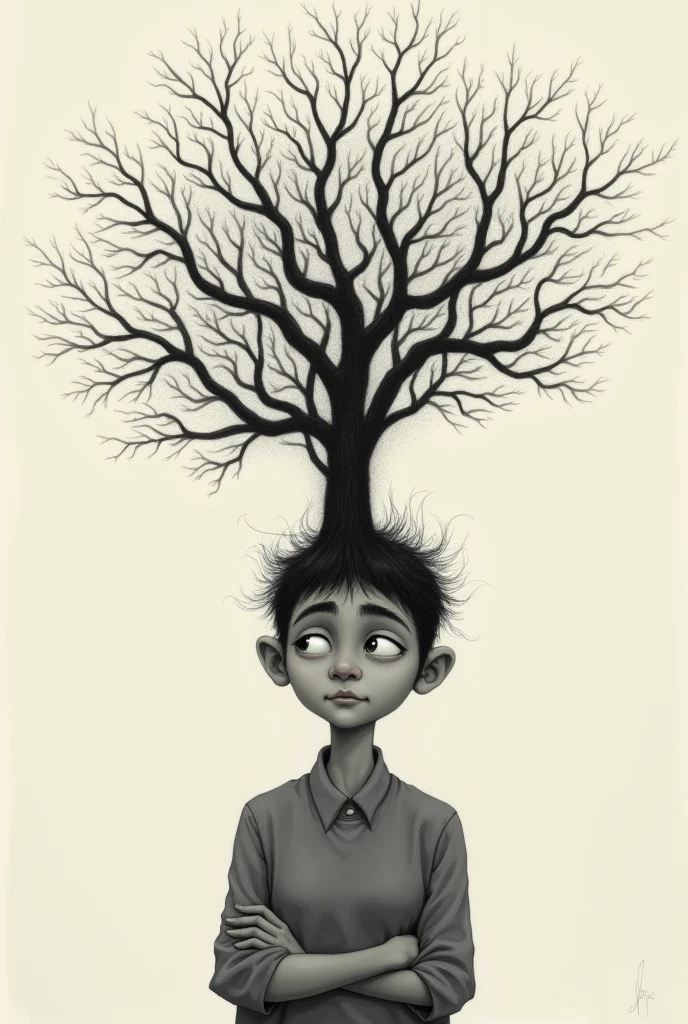 A person in a drawing thinking, and the brain is depicted as a tree, tree of emotions
