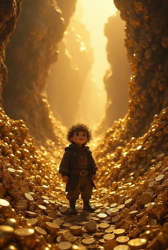 Bilbo surrounded by mountains of gold, Jewelry and artifacts, with his expression of wonder as he surveys Smaug's vast treasure trove.