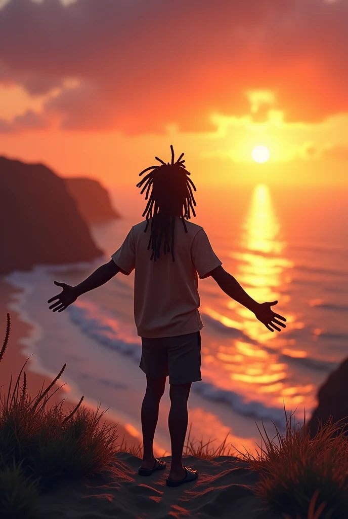 black man with dreadlocks wearing open arms looking from the top of a hill at a view of the sunset on a beach showing the landscape and his entire body, image style animation