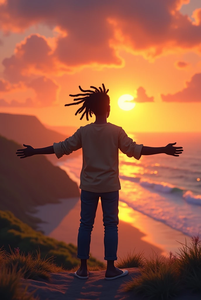 black man with dreadlocks wearing open arms looking from the top of a hill at a view of the sunset on a beach showing the landscape and his entire body, image style animation