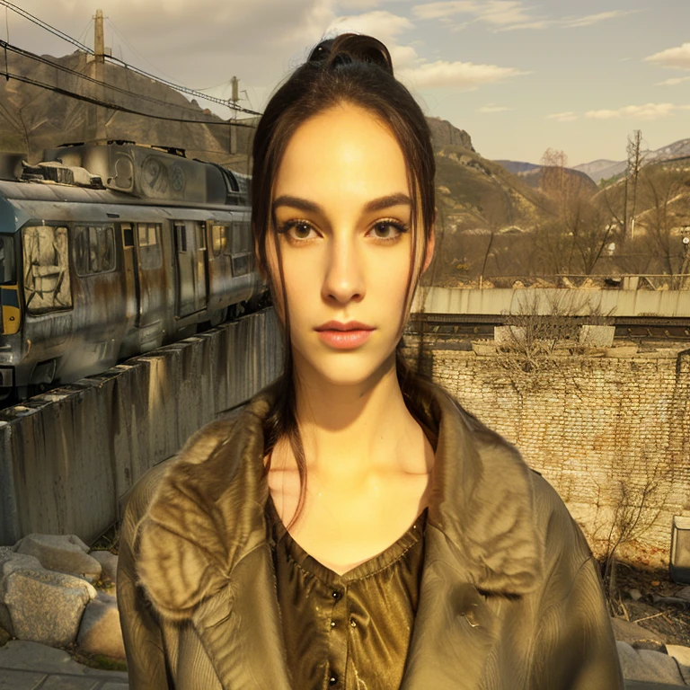 Stock image of a woman in a fur coat standing in front of a train, in the nuclear wasteland, female character, realistic restored face, female main character, Cattie - Brie de Mithril Hall, Gordon Freeman as a woman, perfect face and realistic shading, Mid-20s woman, androgynous person, attractive androgynous humanoid