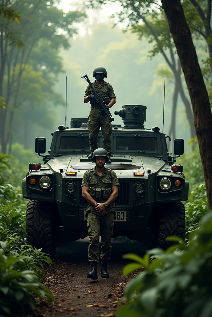 A Brazilian woman in a lush tropical garden, wearing an open shirt with a floral print, with a close-up capturing the harmonious beauty between her breasts and the natural flowers, showing off your natural charm and outgoing personality.

a Brazilian soldier in a tropical forest terrain dressed in his combat uniform with his rifle on top of an armored vehicle showing all the grandeur of the vehicle with harmonious and imposing colors