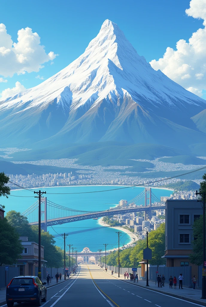 Snowy huge mountain in city.and sea with bridge