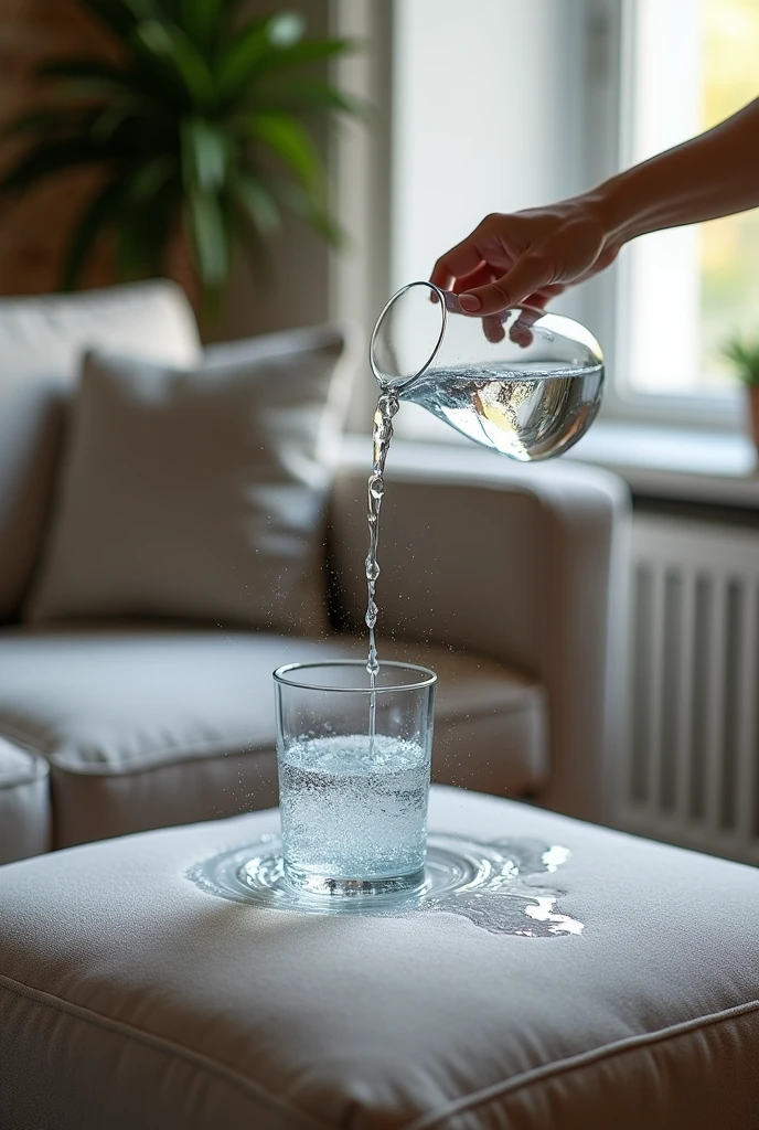  glass of water pouring water on the waterproofed sofa