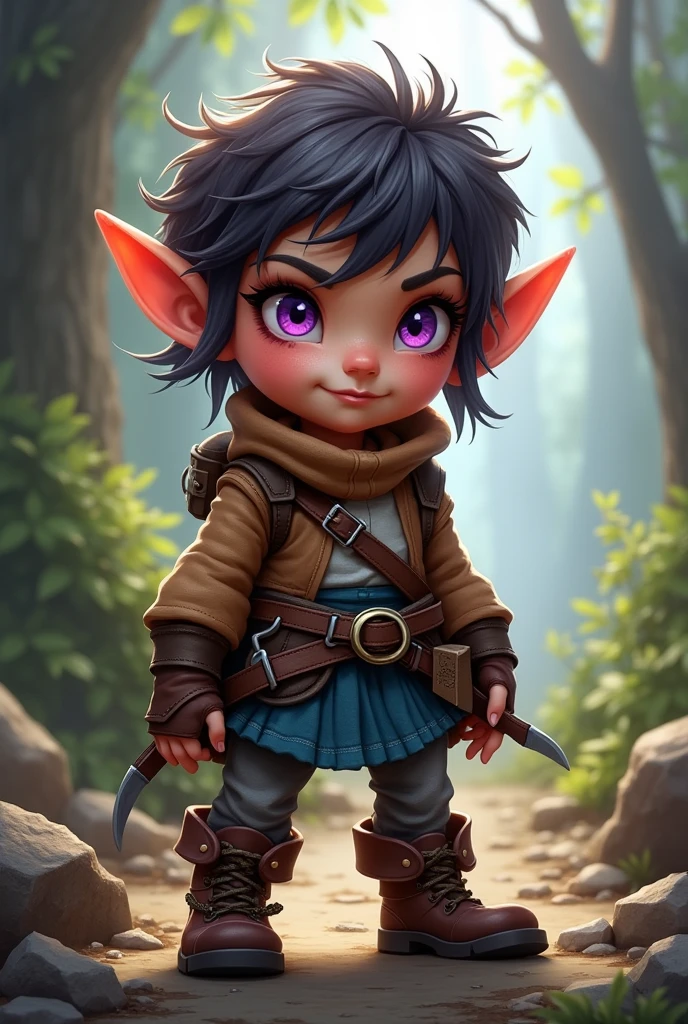 Create an image of a small gnome girl with elf ears, short-hair, clear and rebellious, skin tanned, purple eyes, her outfit is rogue RPG style
