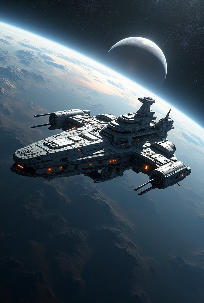 A creation depicting a space station orbiting a planet in the vacuum of space
