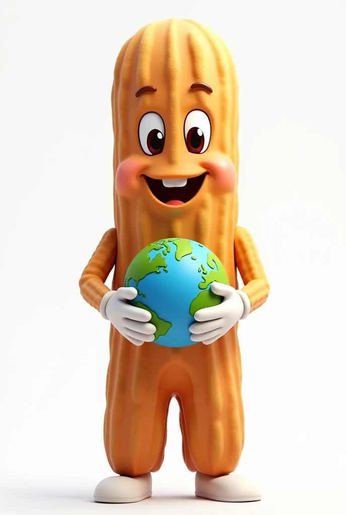 Realistic and animated churro with arms, legs, tender and happy eyes, hands with white gloves and mouth, standing with a small planet earth in his hands on a white background