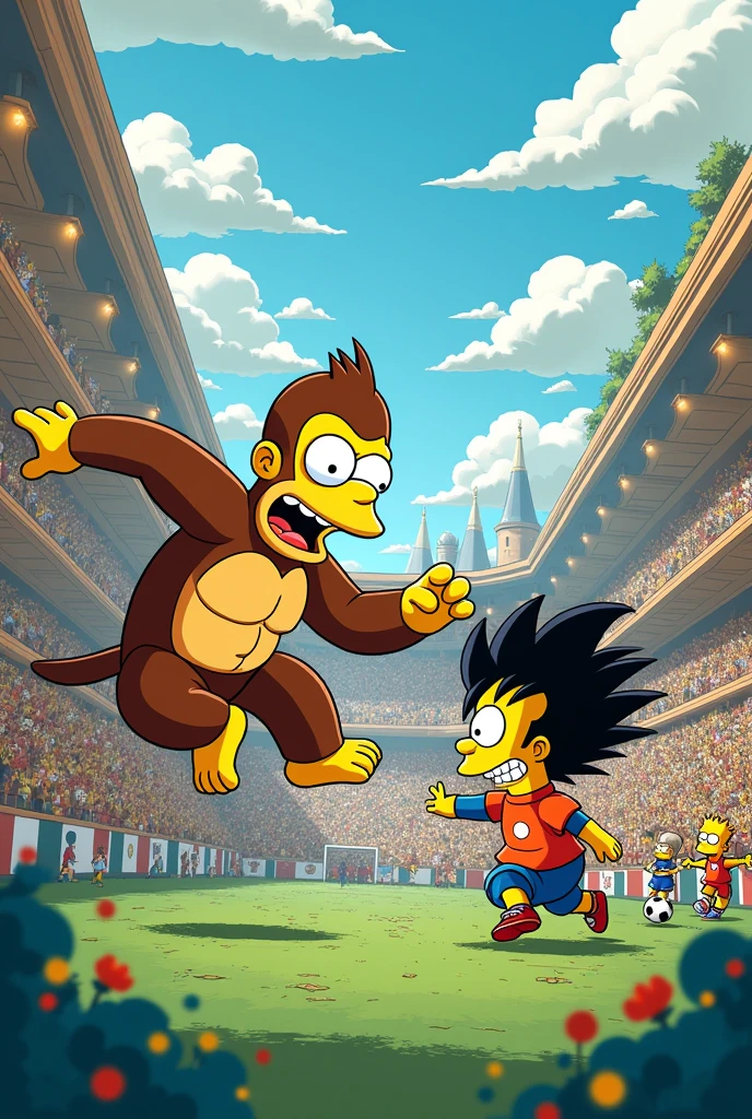 Create 100 images of Bart Simpsons playing with Donkey Kong, Goku fighting Cyrax, Ronaldo Nazario playing against Leonel Messi cartoon