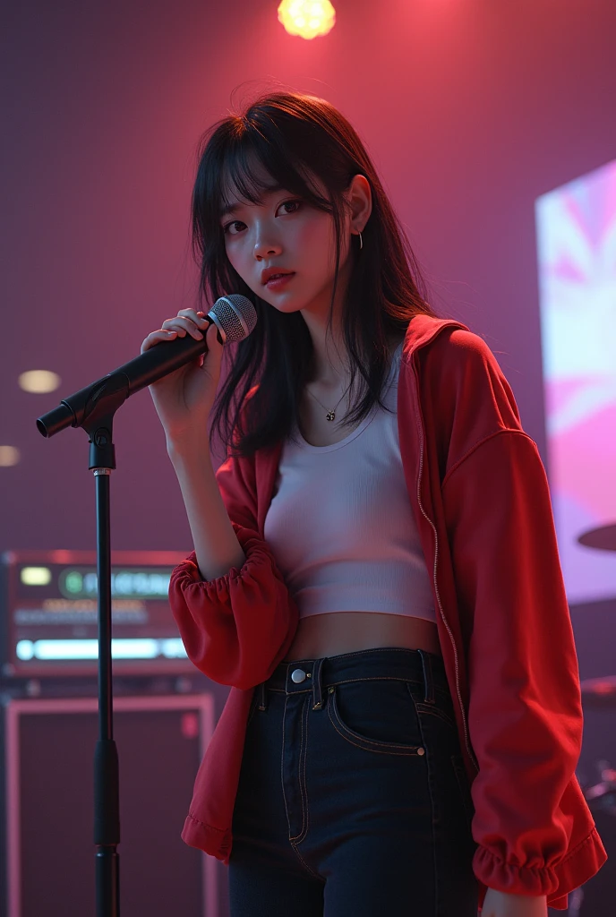 A Korean teenager, straight black hair, Caucasian skin, holding a microphone