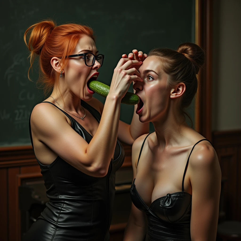 NSFW, XXX image, exposed huge boobs, hyper realistic photo with a mistress and her male student, 1woman, 65yo sexy plumper aged woman, wrinkled, double chin, she firmly pushes with hand's palm a big cucumber deep into man's wide open mouth, standing in a crowded nudist classroom, bending forward pushing on student's head, tall beautiful stunning mistress, voluptuous, classy, mature, eyeglasses, strict, ginger hair with bun, firmly forcing with hand's palm a big cucumber in man's wide open mouth, ((ultra deep cleavage, exposed breasts, high angle downblouse shot, nippleslip, sleeveless very tight short elegant leather fetish femdom dress with slits and zips, naked belly, laughing looking at the camera, looking at the viewer)), BREAK, 1man, small round student, naked, sit bending forward on a desk full of books, submissive obedient man, young sad embarrassed face, afraid candid expression, opened wide mouth swallowing the cucumber pushed by mistress palm, pushing the mistress away, ((detailed classroom background, perfect bright lighting)), wide angle lens full bodies shot, both faces in framing
