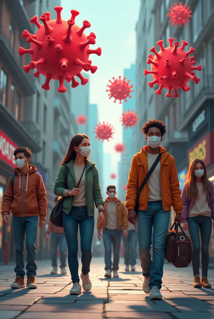 People walking down the street wearing masks and above the image detailed symbols of the coronavirus in a reddish color, People who walk normally. People of all white race, black and brown