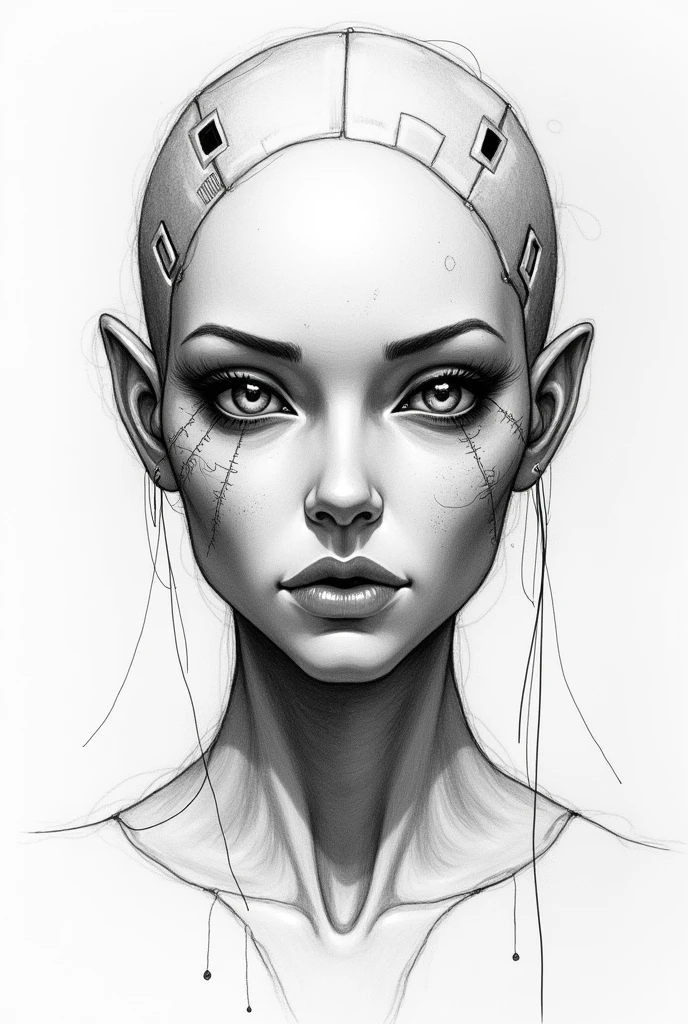 Hand drawn pencil drawing of cyber woman face