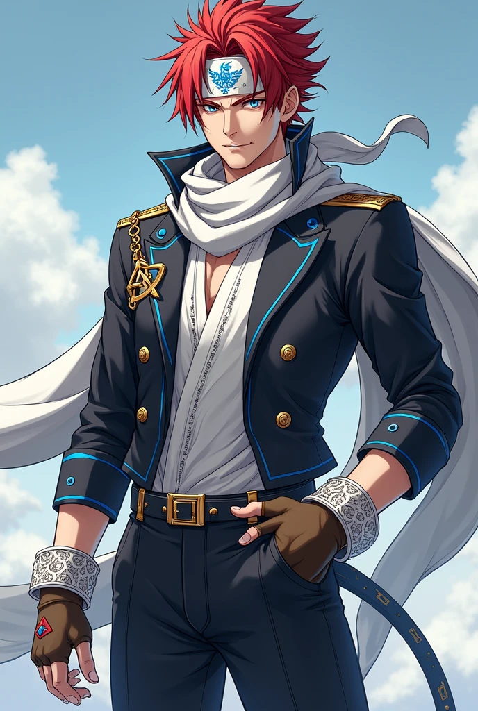 apenas 1 homem, very handsome man, red hair with hairstyle similar to the character Sasuke, but wearing a white bandana, with the symbol of a blue phoenix, very blue eyes, like heaven, very clear, Asian, wears a short black jacket with cyan blue details, white blouse with details , with a long white scarf tied around her neck, that crawls to the ground, black pants and white military boots, with red details and brown fingerless gloves, leather type