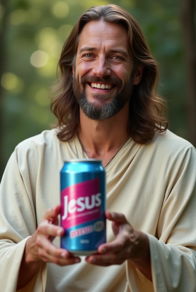 "Create a realistic photo of Jesus Christ smiling while holding a can of soda labeled 'Jesus.' The can should be in blue, pink, and silver colors, 8k image.