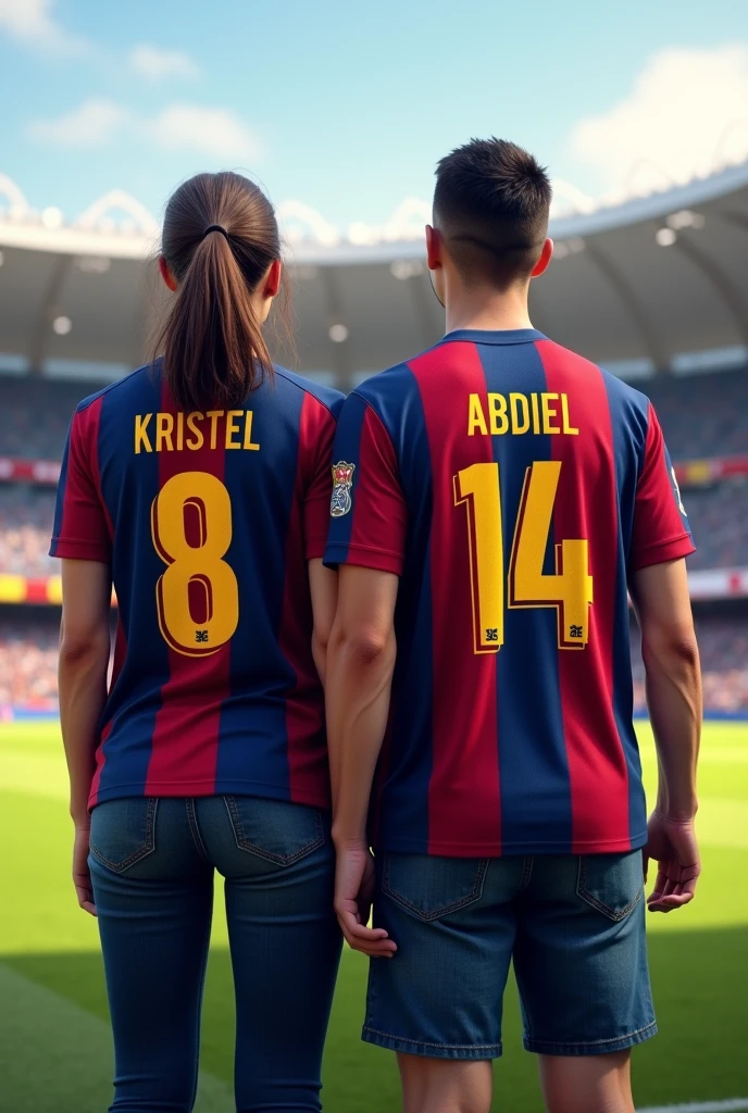 Woman and man from behind looking forward with the original Barcelona shirt with the numbers 8 and 14 with the names Kristel and Abdiel with the girl&#39;s hair tied to one side and jeans in a football stadium and the man without a beard 