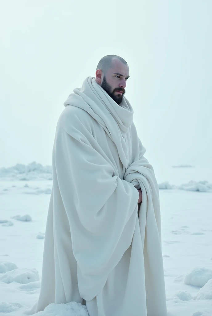 30 year old bald man,moderately solid body, He has a goatee style beard outlined in black. It is extremely pale, He has a serene face and expressive eyes.. Wearing a white blanket, on a white background that causes cold. Your surroundings are frozen, clear, realist. is alone.