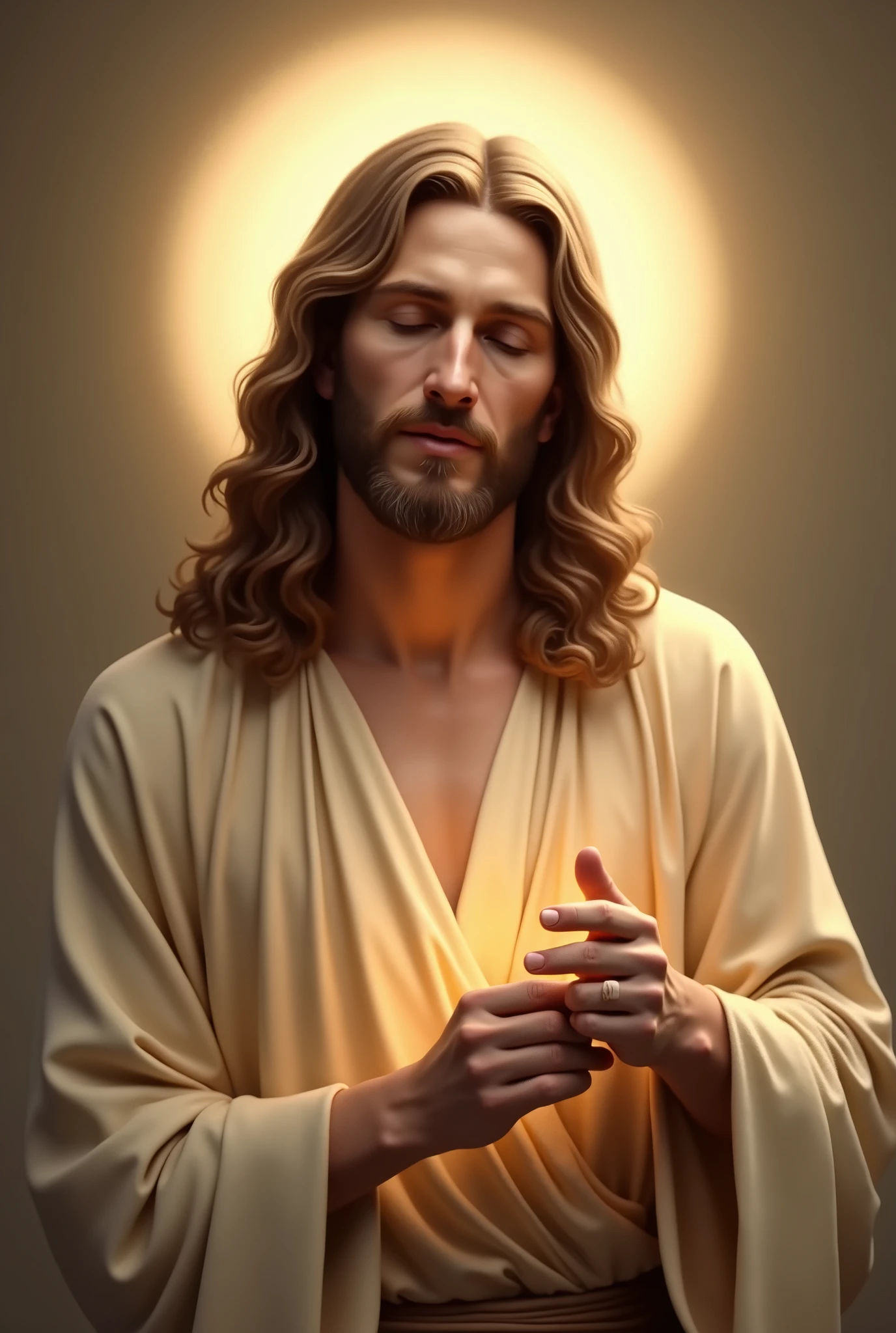 “Image of Jesus Christ depicted from the waist up. He is wearing a simple robe with a visible neckline. His serene and compassionate expression is the focal point, with his long, wavy hair gently framing his face. A soft halo of light surrounds his head, and his hands rest gently in front of him, one hand slightly raised as if in blessing. The background is soft and minimal, allowing the warmth and gentle light that surrounds him to emphasize the peaceful aura of the scene.”