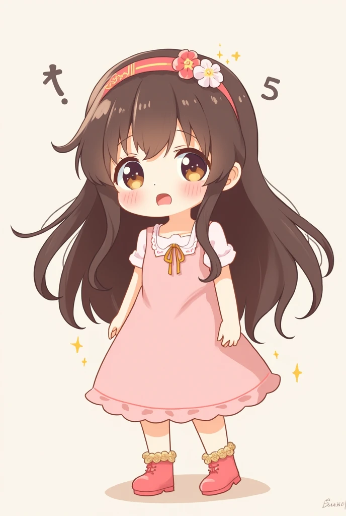 Create an image of a woman with long brown hair, brown eyes, white skin, a little pink dress, a headband with a flower, a pink flower with pink details, boots with gold details and a little bit of pink, make it really cute, easy, kawaii and she is scared and shaking.