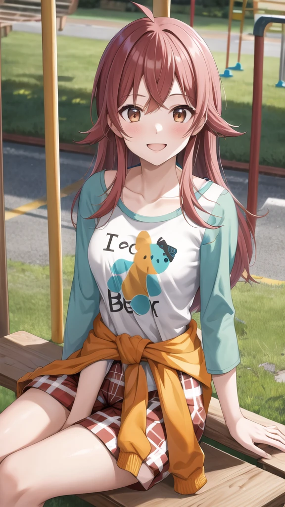 masterpiece, best quality, highres, aakaho, long hair, ahoge, collarbone, print shirt, white shirt, raglan sleeves, clothes around waist, plaid shorts, playground, swing, sitting, smile,